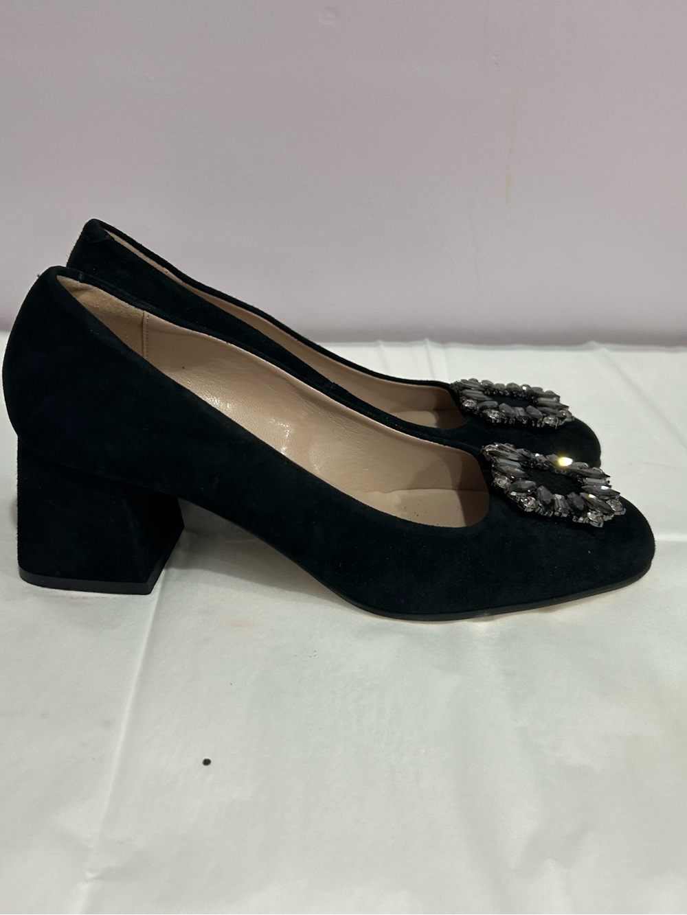 FARDOULIS Black Jeweled Suede traditional pumps- all leather